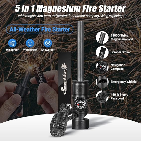 Scotte Plasma Windproof arc Lighter Electric Lighter and LED Flashlight -Magnesium Fire Starter for Emergency Survival Kits, Camping, Hiking